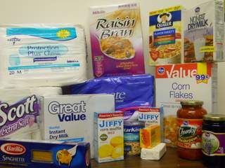 Deam Donations - assorted breakfast cereals, oatmeal, baking mixes, jarred goods, dried pasta, and paper products